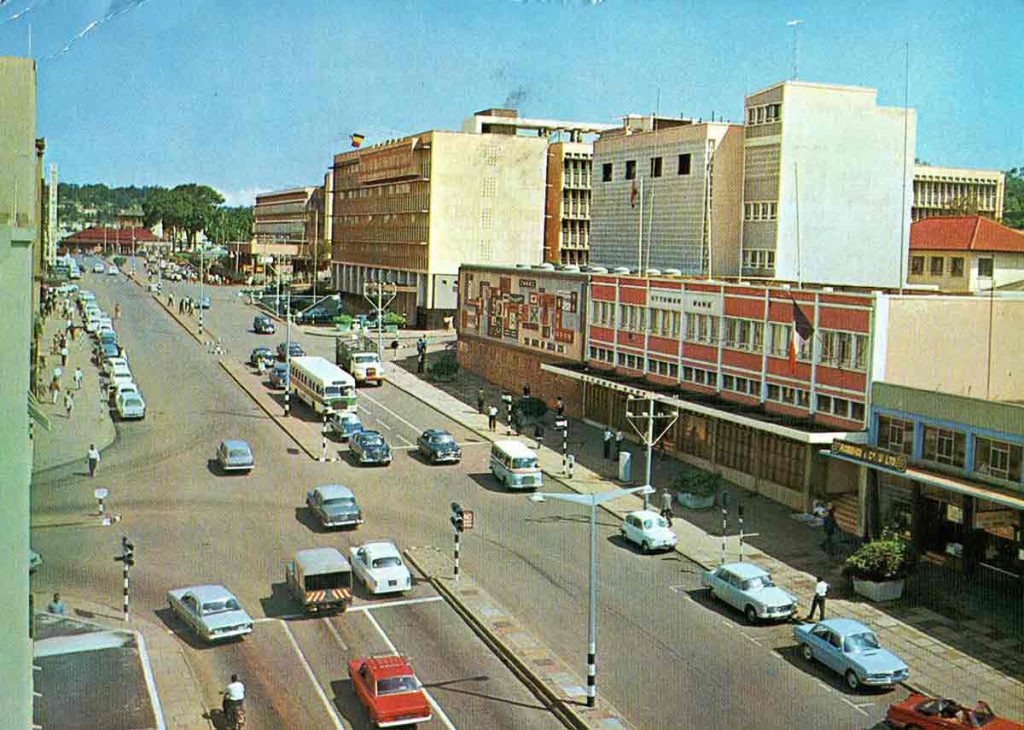 Postcard sent to Aldo Buzzi, February 12, 1970, from Kampala, Uganda. The ironic message on the reverse reads: “Behold Africa.”