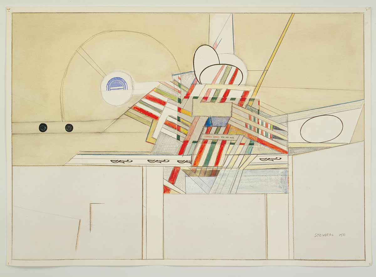 Mexican Airmail, 1971. Pencil, colored pencil, crayon, oil, collage, and rubber stamps on paper, 20 x 28 3/8 in. The Saul Steinberg Foundation.