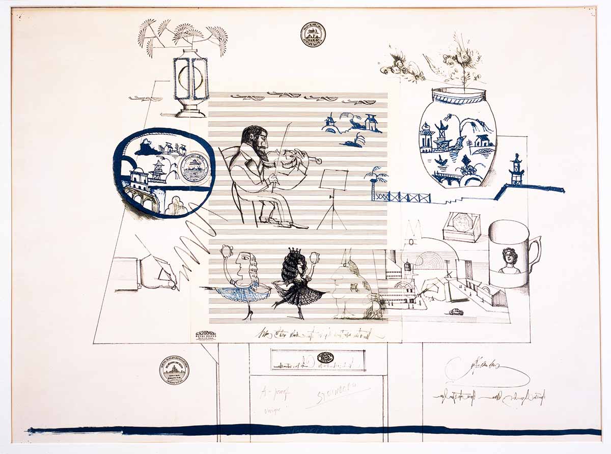 Music and China, plate 2 from the portfolio Six Drawing Tables, published by Abrams Original Editions, 1970. Lithograph on paper, 21 ¼ x 29 ½ in. The Saul Steinberg Foundation.