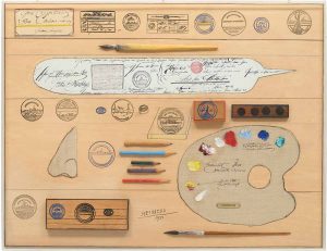 Inventory, 1971. Mixed media on wood, 20 x 26 x 2 in. Private collection.