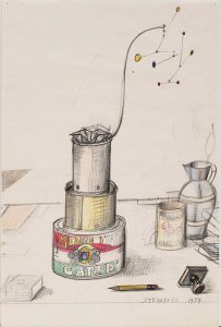 A Poetic Ashtray, 1974. Pencil and colored pencil on paper, 18 x 11 7/8 in. Calder Foundation, New York. The drawing shows an ashtray that Calder made for Steinberg in 1951-52. Steinberg sent the drawing to Calder and his wife, Louisa, in October 1974.