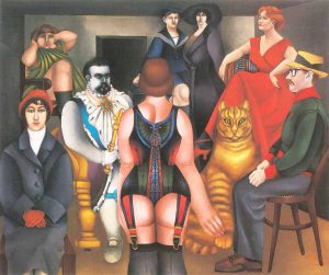 Richard Lindner, The Meeting, 1953. Oil on canvas, 60 x 72 in. The Museum of Modern Art, New York; Given anonymously. © 2016 Richard Lindner / Artists Rights Society (ARS), New York / ADAGP, Paris. Steinberg is seated at left, Hedda Sterne above him.