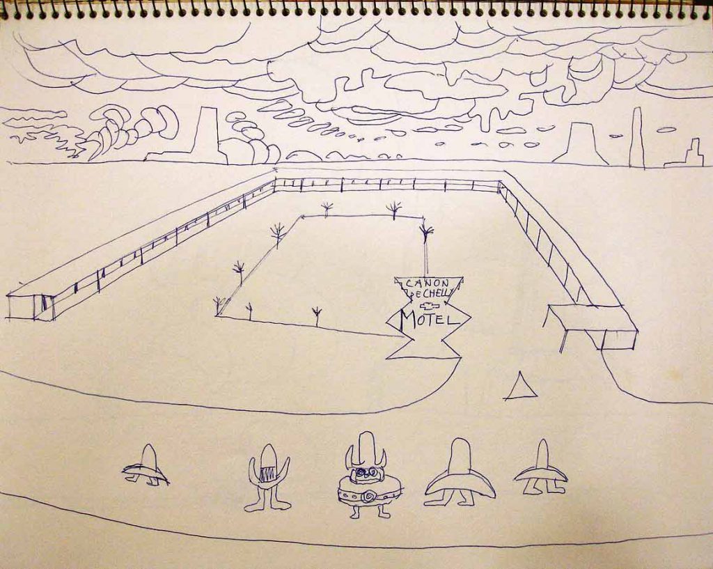 Page from a sketchbook, August 1978, Canyon de Chelly Motel, Arizona. Saul Steinberg Papers, Beinecke Rare Book and Manuscript Library, Yale University.