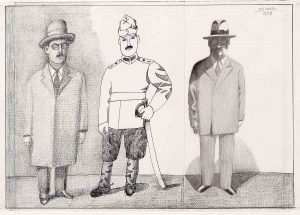 Original drawing for the portfolio “Uncles,” The New Yorker, December 25, 1978. Three Brothers, 1977. Wash, ink, and pencil on paper, 14 ¼ x 20 ¼ in. The Saul Steinberg Foundation.