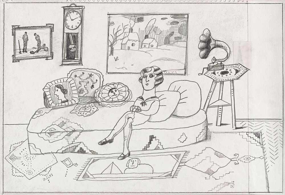  Original drawing for the portfolio “Cousins,” The New Yorker, May 28, 1979. Untitled, 1979. Black pencil and pencil on paper, 11 x 16 in. Saul Steinberg Papers, Beinecke Rare Book and Manuscript Library, Yale University.