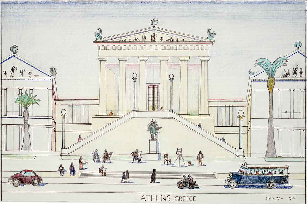 Original drawing for the portfolio “Postcards,” The New Yorker, February 25, 1980. Athens Greece, 1978. Colored pencil, crayon, and pencil on paper, 15 x 22 ½ in. The Saul Steinberg Foundation.