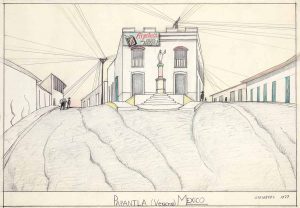 Papantla (Verzcruz), Mexico, 1977. Colored pencil and pencil on paper, 14 ¼ x 20 ½ in. Museum of Fine Arts, Boston; Gift of The Saul Steinberg Foundation. Original drawing for the portfolio “Postcards,” The New Yorker, February 25, 1980.