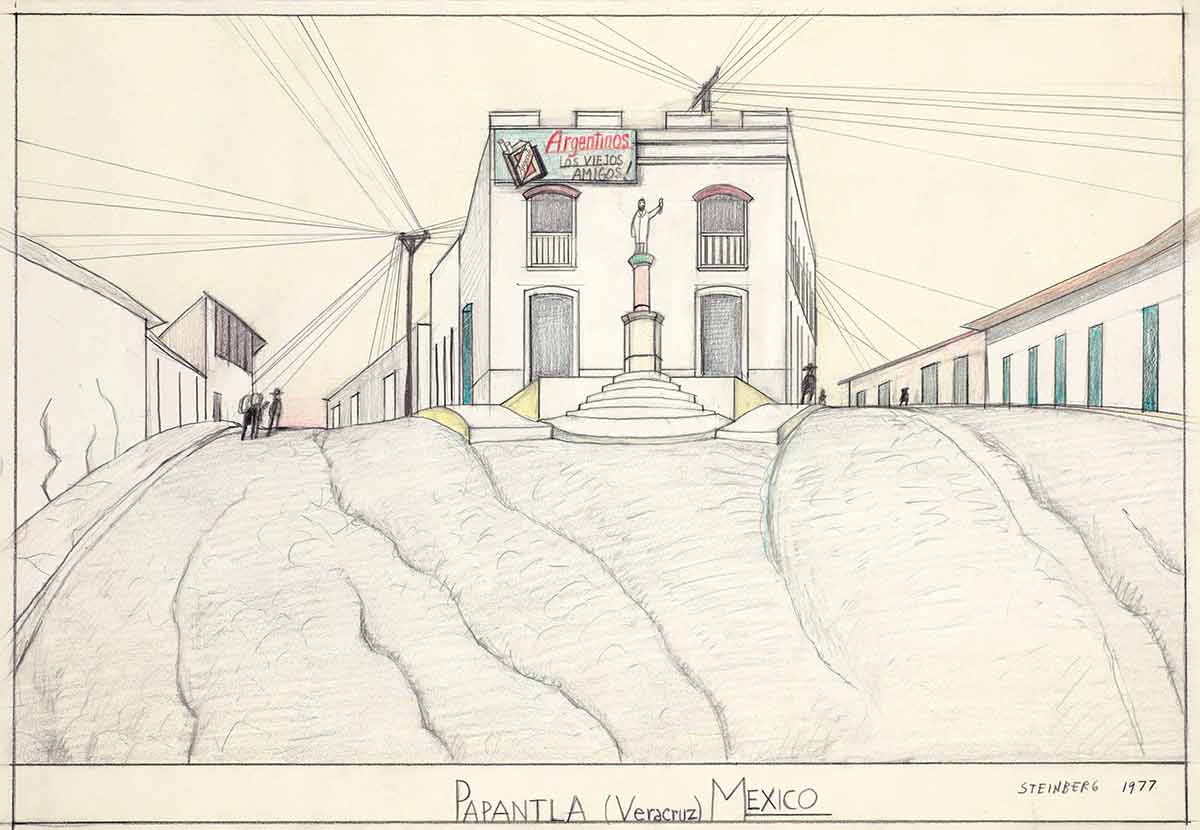Original drawing for the portfolio “Postcards,” The New Yorker, February 25, 1980. Papantla (Verzcruz), Mexico. Colored pencil and pencil on paper, 14 ¼ x 20 ½ in. The Saul Steinberg Foundation.