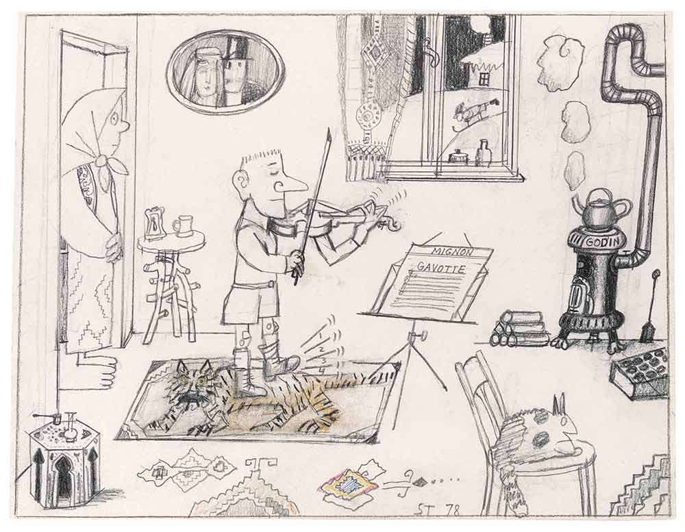 Original drawing for the portfolio “Cousins,” The New Yorker, May 28, 1979. Untitled, 1978. Pencil and colored pencil on paper, 10 ½ x 13 ¾ in. The Saul Steinberg Foundation.