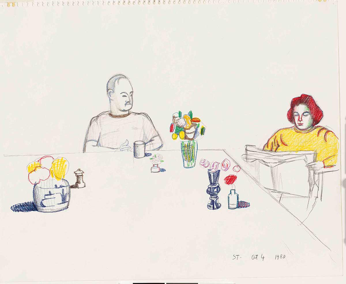 Aldo Buzzi and Sigrid Spaeth, October 4, 1980. Colored pencil and pencil on paper, 13 ¼ x 16 ¾ in. The Saul Steinberg Foundation. Included in Dal Vero, 1983.