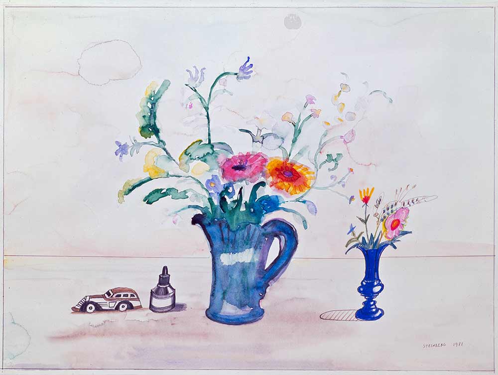 Flowers, Ink Bottle and Toy Car, 1981. Watercolor and crayon on paper, 21 ¾ x 29 ¾ in. Private Collection.