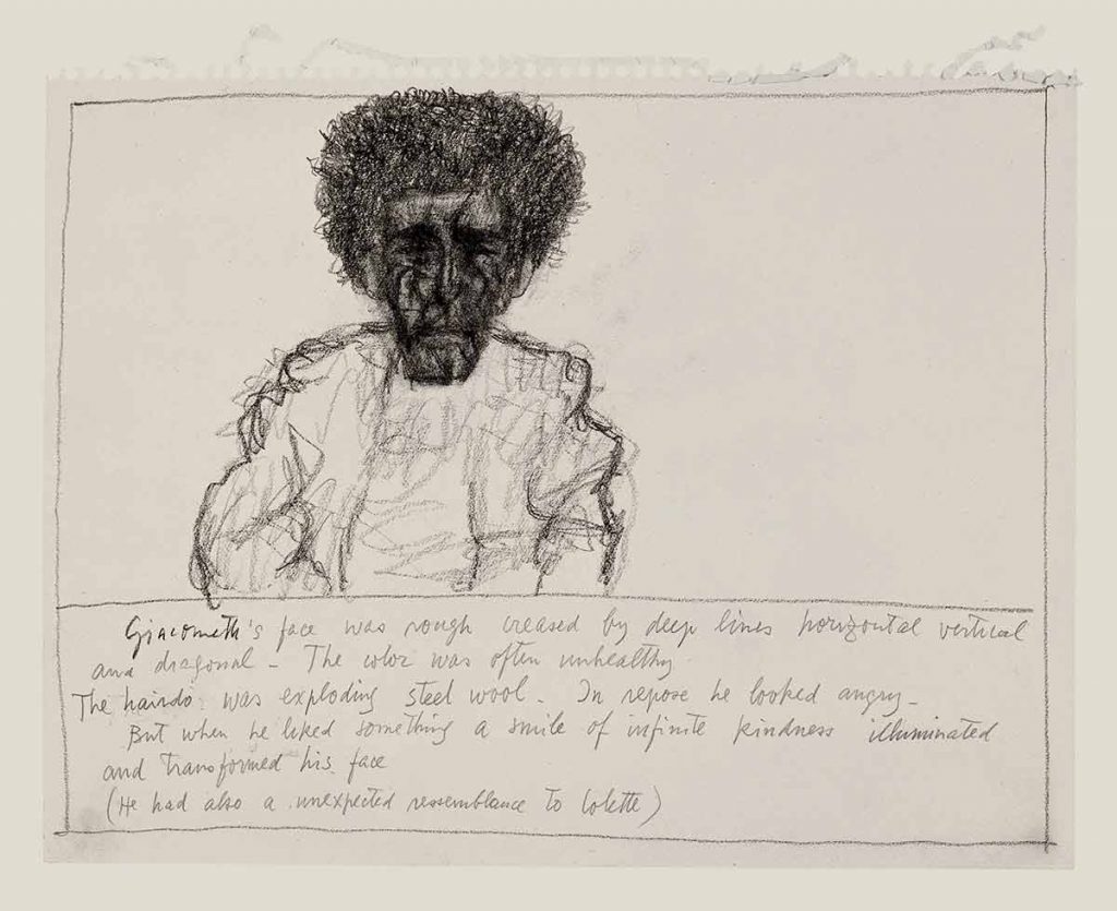 Ex-voto, after 1983. Colored pencil and pencil on paper, 11 x 14 in. Saul Steinberg Papers, Beinecke Rare Book and Manuscript Library, Yale University. Caption: “Giacometti’s face was rough creased by deep lines horizontal vertical and diagonal. The color was often unhealthy. The hairdo was exploding steel woo. In repose he looked angry. But when he liked something a smile of infinite kindness illuminated and transformed his face. (He had also an unexpected resemblance to Colette.)”