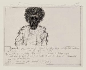 Ex-voto, after 1983. Colored pencil and pencil on paper, 11 x 14 in. Saul Steinberg Papers, Beinecke Rare Book and Manuscript Library, Yale University. Caption: “Giacometti’s face was rought creased by deep lines horizontal vertical and diagonal. The color was often unhealthy. The hairdo was exploding steel woo. In repose he looked angry. But when he liked something a smile of infinite kindness illuminated and transformed his face. (He had also an unexpected resemblance to Colette.)”