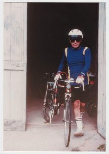 Steinberg with his bicycle, Amagansett, 1980s-early 1990s. Saul Steinberg Papers, Beinecke Rare Book and Manuscript Library, Yale University.