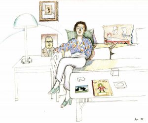 Untitled (Seated Woman), April, 1980. Pencil and colored pencil on paper, 14 x 17 in. New York Public Library; Gift of The Saul Steinberg Foundation.
