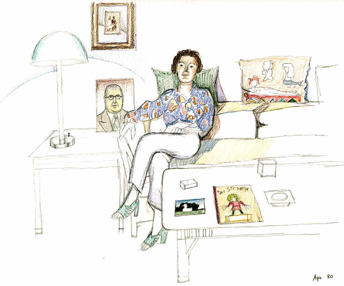 Untitled (Seated Woman), April, 1980. Pencil and colored pencil on paper, 14 x 17 in. The Saul Steinberg Foundation. As reproduced in Dal Vero.