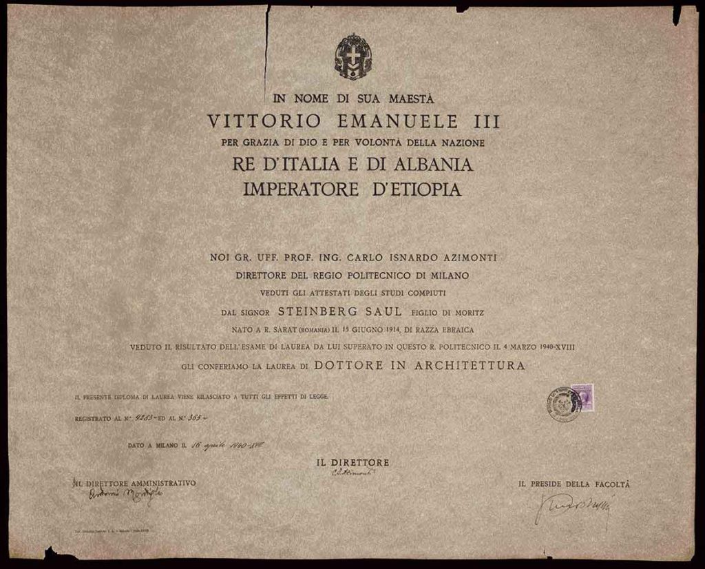 Steinberg’s diploma from the Politecnico in Milan, April 16, 1940. Inscribed to “Saul Steinberg…di razza ebraica.” Saul Steinberg Papers, Beinecke Rare Book and Manuscript Library, Yale University.