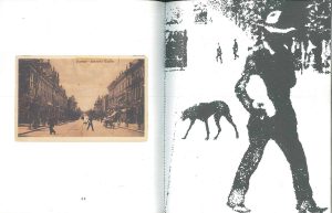 Three spreads from “33 Postcards & 9 Dogs,” Grand Street, no. 36 (1990).