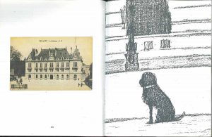 Three spreads from “33 Postcards & 9 Dogs,” Grand Street, no. 36 (1990).