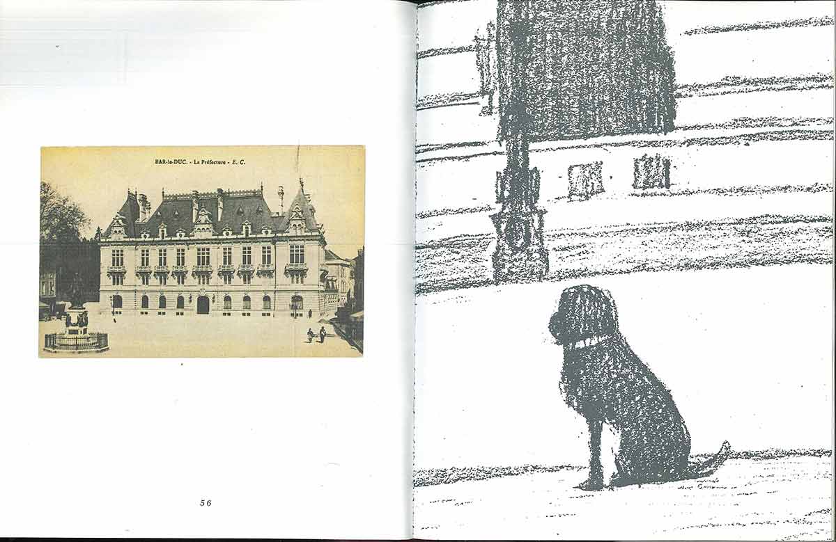 Three spreads from “3 Postcards & 9 Dogs,” Grand Street, no. 36 (1990).