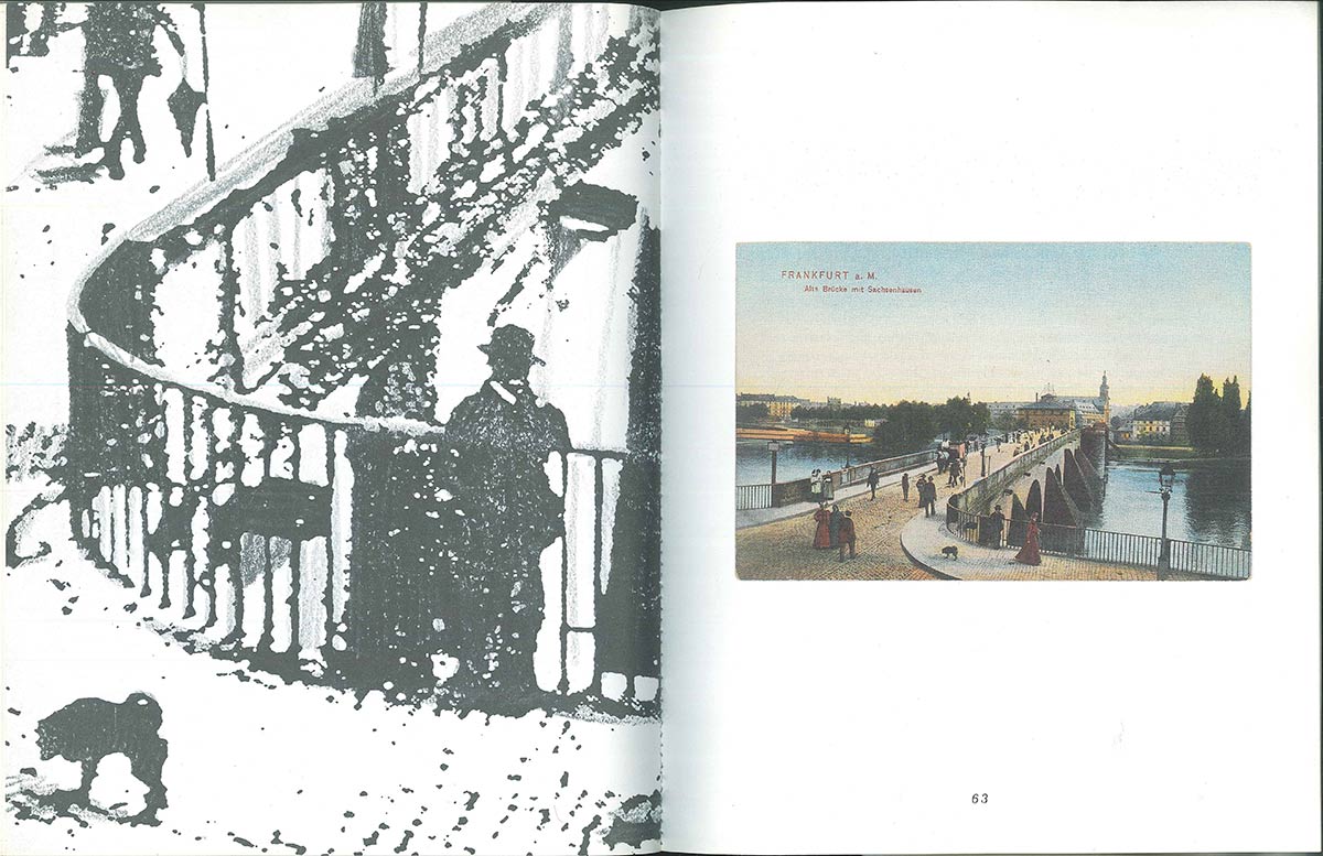 Three spreads from “3 Postcards & 9 Dogs,” Grand Street, no. 36 (1990).