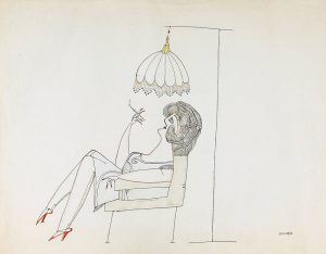 Woman Seated, c. 1950-51. Ink and crayon on paper, 18 ¾ x 23 7/8 in. Color added c. 1990. The Saul Steinberg Foundation.