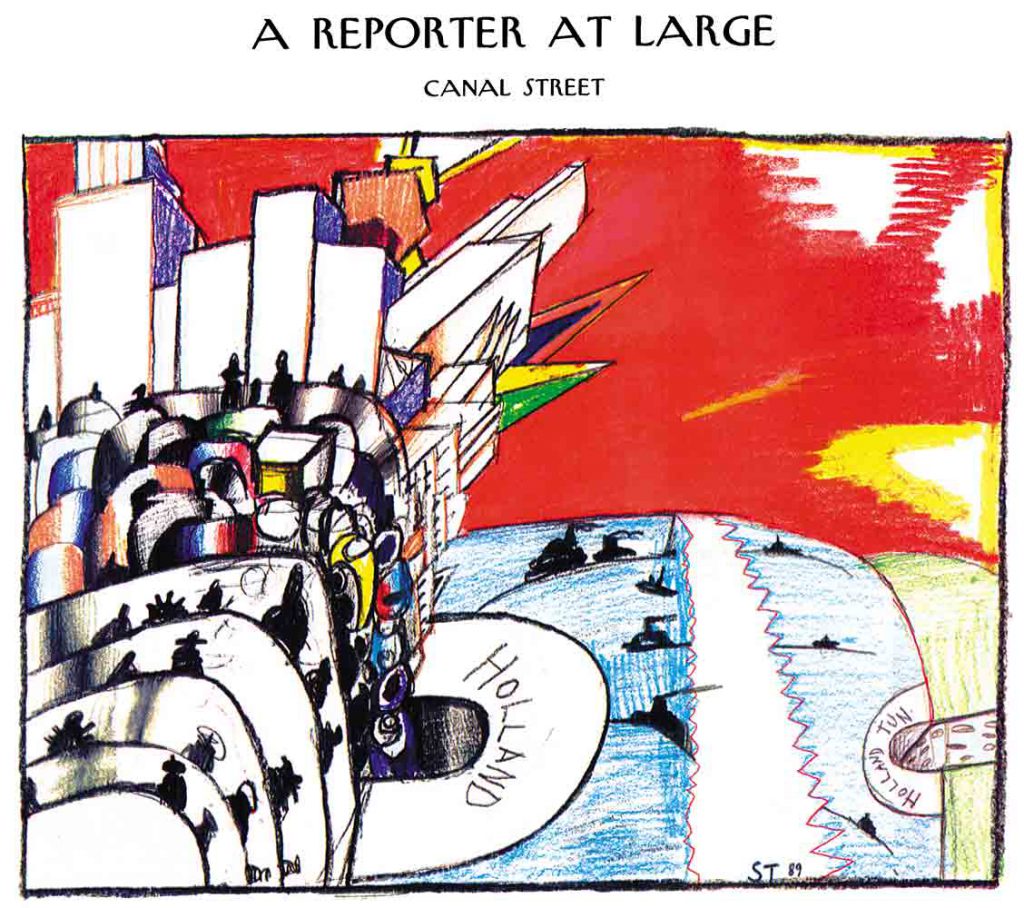 Steinberg’s Canal Street drawing, as reproduced in Ian Frazier, “A Reporter at Large: Canal Street,” The New Yorker, April 30, 1990. Original drawing, Untitled, 1989. Pencil and collage on color photocopy, 13 ¾ x 18 in. Saul Steinberg Papers, Beinecke Rare Book and Manuscript Library, Yale University
