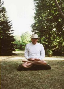 Steinberg seated in the lotus position, Amagansett, 1995.