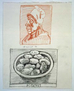 Potatoes (after Van G.), 1991. Pencil, colored pencil, and crayon on paper, 14 x 11 in. Saul Steinberg Papers, Beinecke Rare Book and Manuscript Library, Yale University.