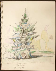 “The Spruce,” May 1997. Colored pencil drawing in a sketchbook. Saul Steinberg Papers, Beinecke Rare Book and Manuscript Library, Yale University.