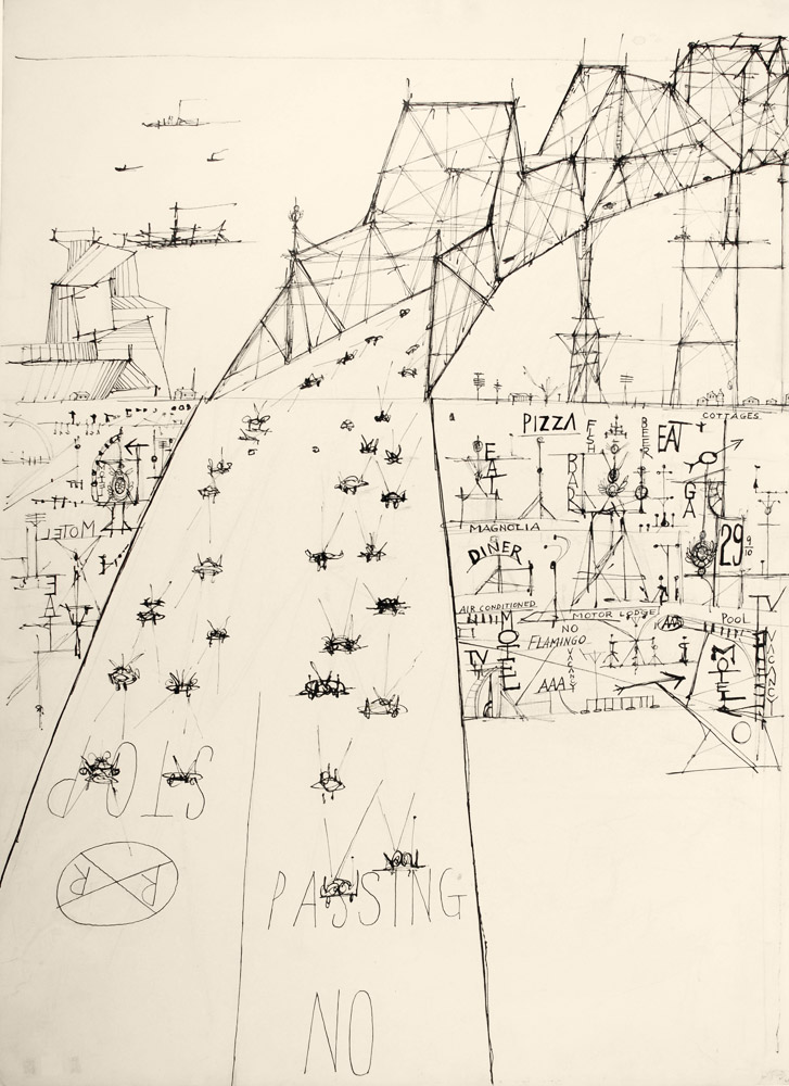 Background drawing for <em>The Road—South and West</em>, 1958. Ink and colored pencil on cardboard, 30 1/8 x 22 1/8 in. Centre Pompidou, Paris; Gift of The Saul Steinberg Foundation.