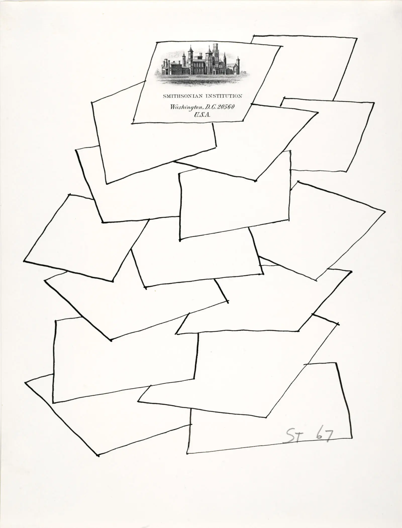 Two drawings on Smithsonian Institution stationery, 1967. Ink on paper, 10 ½ x 8 in. Washington, DC, Smithsonian American Art Museum; Gift of the artist. (1967. Smithsonian 1974.14.31 [1] and 1967.Smithsonian 1974.14.13