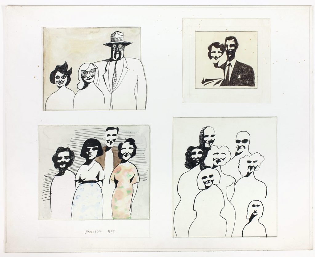 Untitled, 1957. Ink, pencil, and watercolor on four sheets of paper, 20 x 35 in. overall. The Art Institute of Chicago; Gift of The Saul Steinberg Foundation.