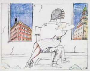Soho Kiss, 1985. Pencil and crayon on paper, 11 x 14 in. Saul Steinberg Papers, Beinecke Rare Book and Manuscript Library, Yale University. Original drawing for the portfolio “Couples,” The New Yorker, February 20-27, 1995.