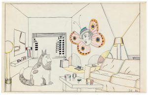 Untitled, 1983. Marker, pencil, and crayon on paper, 14 ½ x 23 in. The Saul Steinberg Foundation. Original drawing for the portfolio “Domestic Animals,” The New Yorker, March 21, 1983.