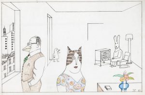 Untitled, 1983. Pencil, colored pencil, and ink on paper, 14 ½ x 23 in. Museum of Fine Arts, Boston; Gift of The Saul Steinberg Foundation. Original drawing for the portfolio “Domestic Animals,” The New Yorker, March 21, 1983.