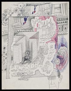 Untitled, 1965. Pencil and ballpoint pen on photo copy, 11 x 8 ½ in. Saul Steinberg Papers, Beinecke Rare Book and Manuscript Library, Yale University.