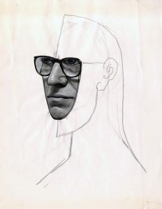 Untitled (Self-Portrait), c. 1965. Ink on cut silver gelatin photo, with pencil, 11 x 8 ½ in. Private collection.
