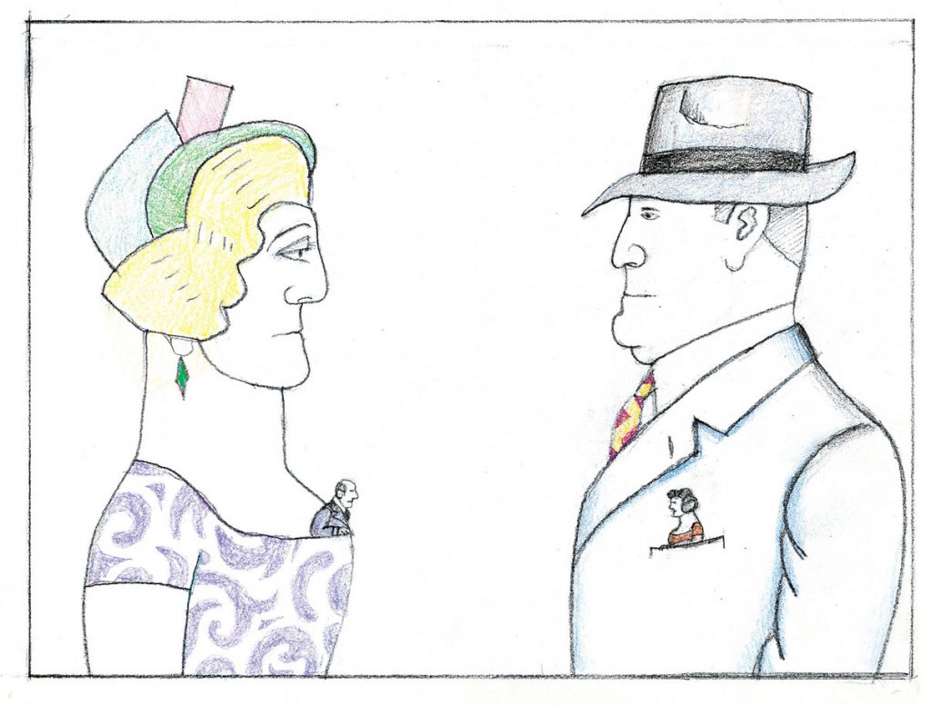 Untitled, c. 1990-94. Pencil and crayon on paper, 11 x 14 in. Saul Steinberg Papers, Beinecke Rare Book and Manuscript Library, Yale University. Original drawing for the portfolio “Couples,” The New Yorker, February 20-27, 1995.