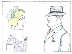 Untitled, c. 1990-94. Pencil and crayon on paper, 11 x 14 in. Saul Steinberg Papers, Beinecke Rare Book and Manuscript Library, Yale University. Original drawing for the portfolio “Couples,” The New Yorker, February 20-27, 1995.