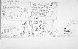 Adult Comics (recto), c. 1990. Pencil on paper, 14 ¾ x 32 in. The Saul Steinberg Foundation.