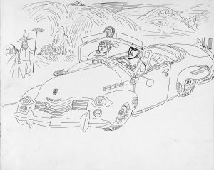 Self-Portrait with Hedda Sterne in Cadillac, 1947. Ink on paper, 11 ½ x 14 3/8 in. The Art Institute of Chicago; Gift of The Saul Steinberg Foundation.