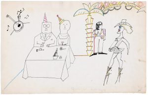 Untitled (New Year’s Eve), 1954-60. Ink, watercolor, and colored pencil on paper, 14 ½ x 23 in. The Saul Steinberg Foundation.