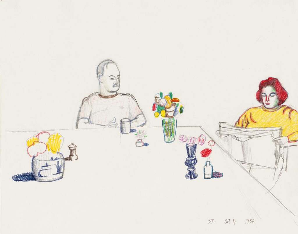 Aldo Buzzi and Sigrid Spaeth, 1980. Colored pencil and pencil on paper, 13 ¼ x 16 ¾ in. Biblioteca Nazionale Braidense, Grande Brera, Milan; Gift of The Saul Steinberg Foundation.