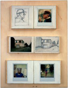 Three Notebooks, 1989. Carved wood, gouache, pencil, colored pencil, and photographs on wood panel, 21 x 16 in. The Saul Steinberg Foundation.