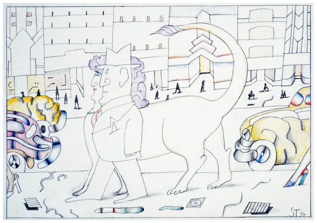 Untitled, 1994. Pencil and colored pencil on paper, 14 ½ x 23 in. Private collection. Original drawing for the portfolio “Onward,” The New Yorker, March 14, 1994.