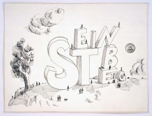 Untitled, c. 1966. Ink, rubber stamp, and pencil on paper, 14 ½ x 19 in. Private collection.