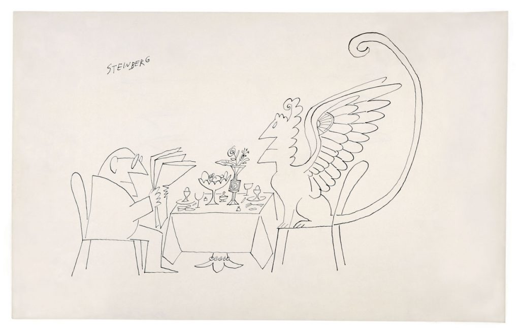 Untitled, 1962. Ink on paper, 14 ½ x 23 1/8 in. Saul Steinberg Papers, Beinecke Rare Book and Manuscript Library, Yale University. Originally published in The New Yorker, October 20, 1962.