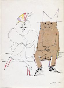 Untitled (Couple), 1955. Ink, colored pencil, and packing tape on paper, 17 ¾ x 13 in. Private collection.