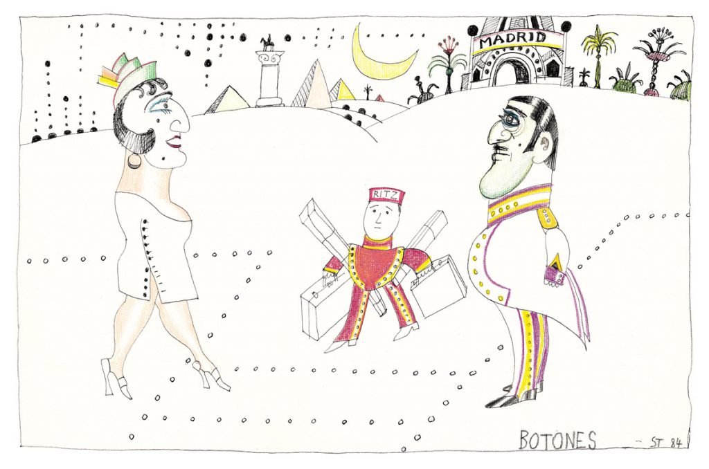 Botones, 1984. Ink, marker, crayon, and colored pencil on paper, 13 x 19 ¾ in. Private collection. Original drawing for the portfolio “Dreams,” The New Yorker, February 1, 1988.